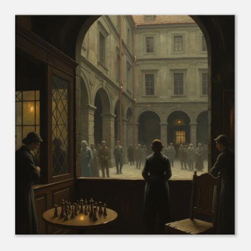 Olde Europe neo-classical portrait art, Victorian cafe view of a European courtyard, 350 gsm museum-quality matte canvas print.