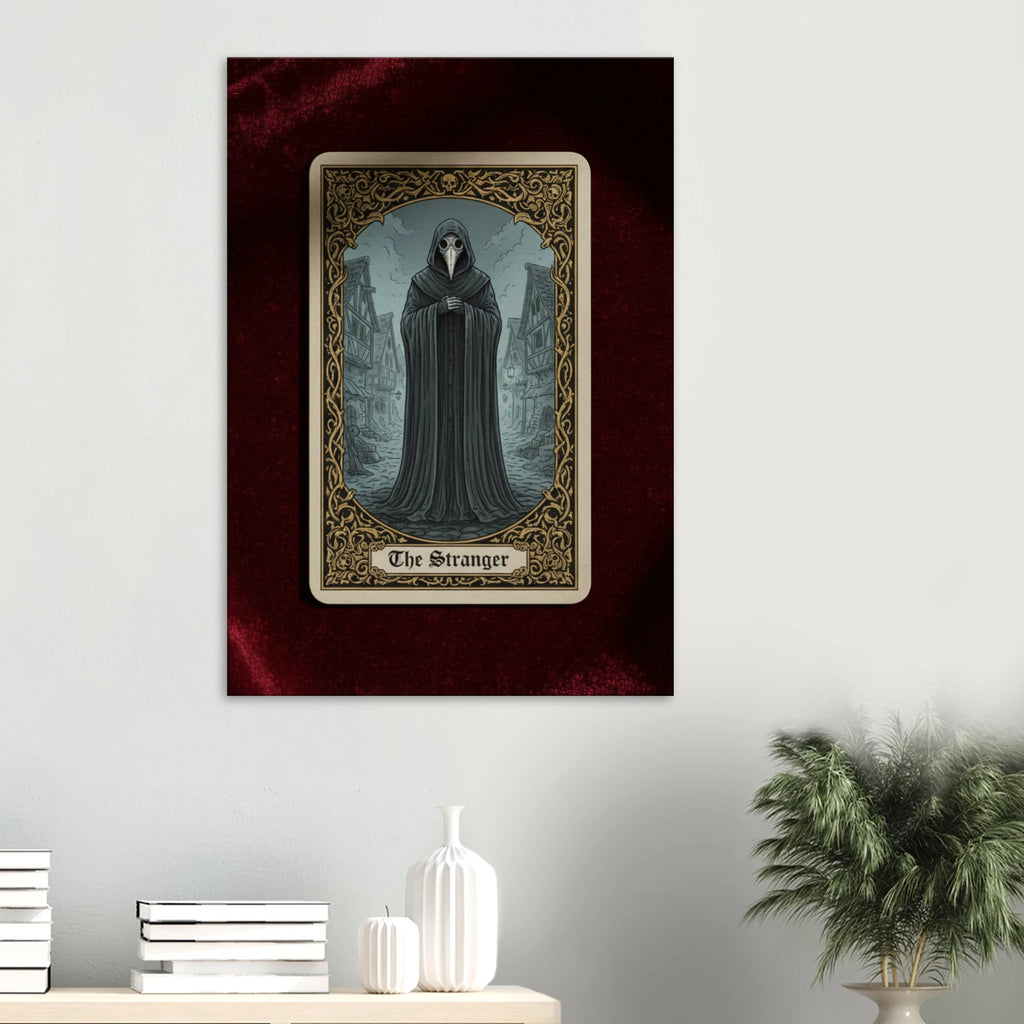 Hung against a light gray wall Tarot The Stranger esoteric canvas art, hooded figure in a misty forest at night, 350 gsm museum-quality matte canvas print.