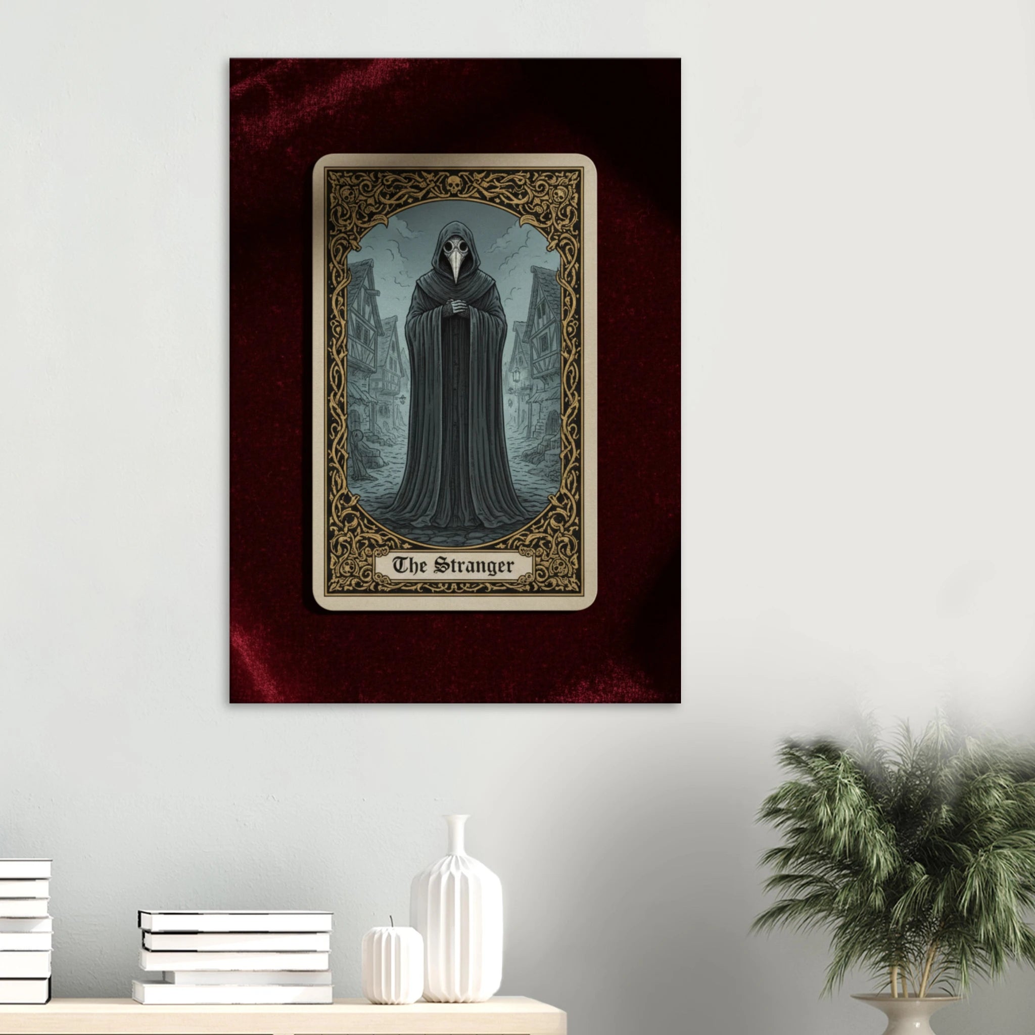 Hung against a light gray wall Tarot The Stranger esoteric canvas art, hooded figure in a misty forest at night, 350 gsm museum-quality matte canvas print.