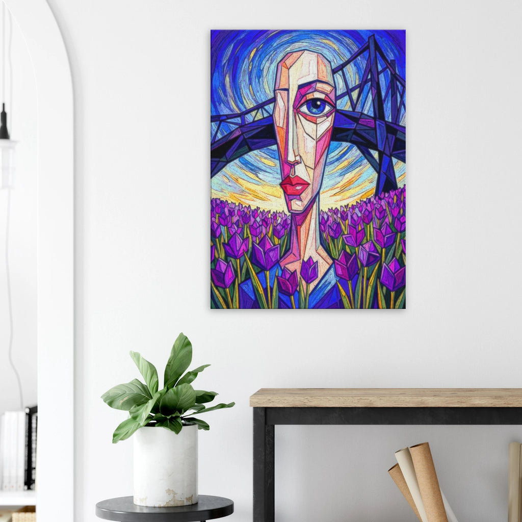 The Chaos of Purple neo-impressionist canvas art, abstract tulip with stained glass style in purple and yellow, 350gsm matte canvas hung on a white wall over a table