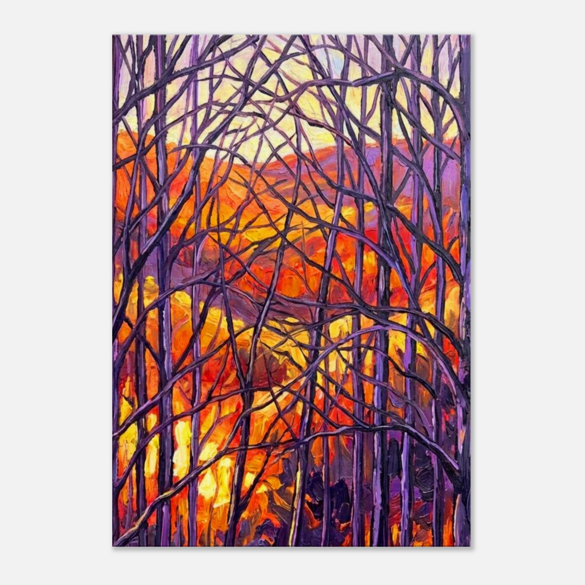 A section of a Triptych depicting bare trees against a colorful background