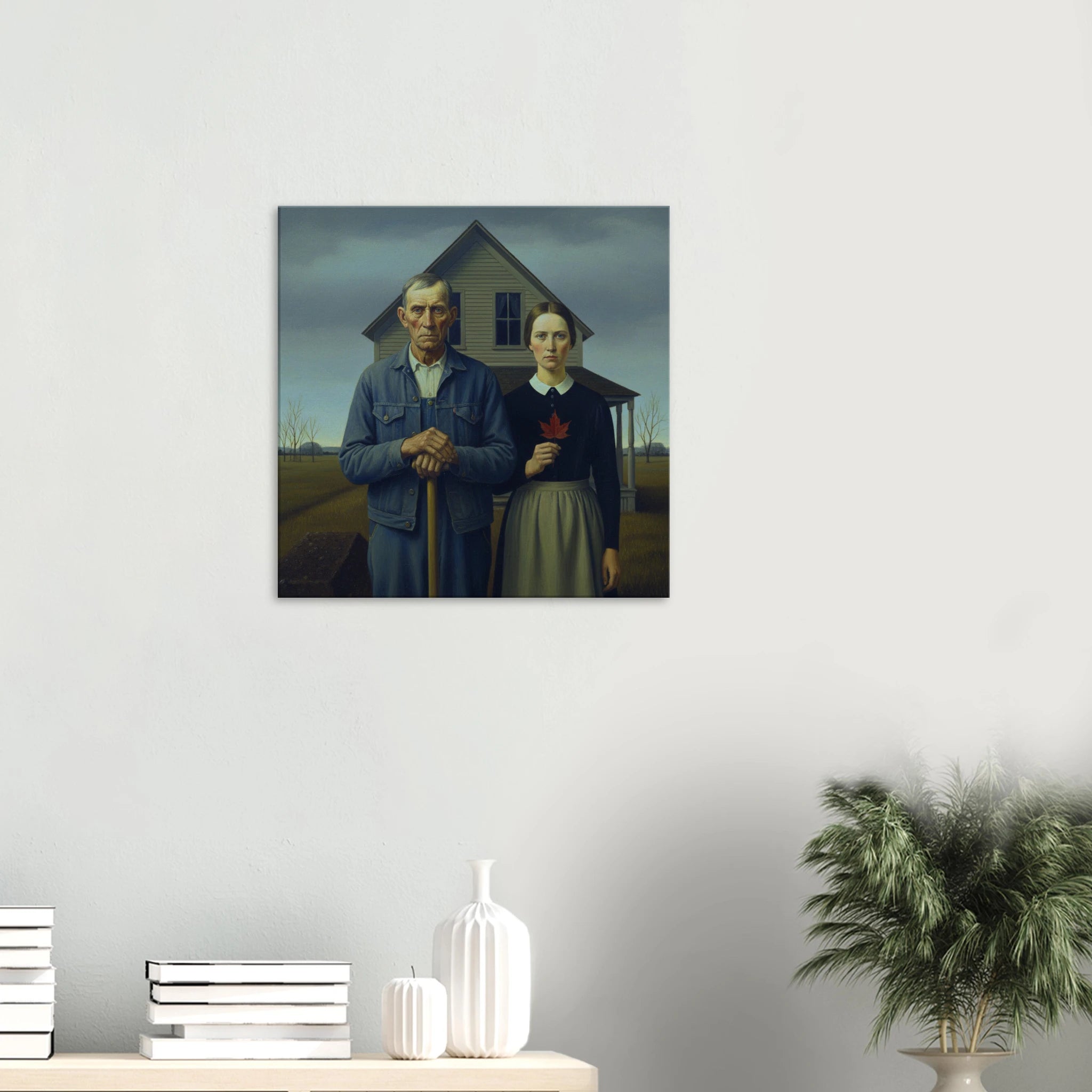 Canadian Gothic American Realism style canvas art, stoic portrait with earthy tones, 350 gsm museum-quality matte canvas print Hung over a table