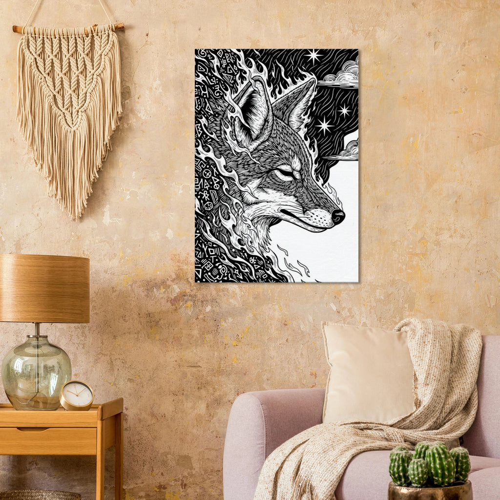 Hung near a Coyote #3 folk art style canvas print, black and white coyote against a starlit night sky, 350 gsm museum-quality matte canvas wall art.andstone lamp 