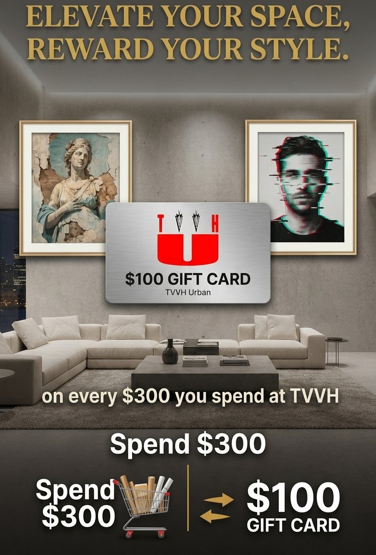 Promotional advertisement for TVVH Urban gift card offer with a living room setting.