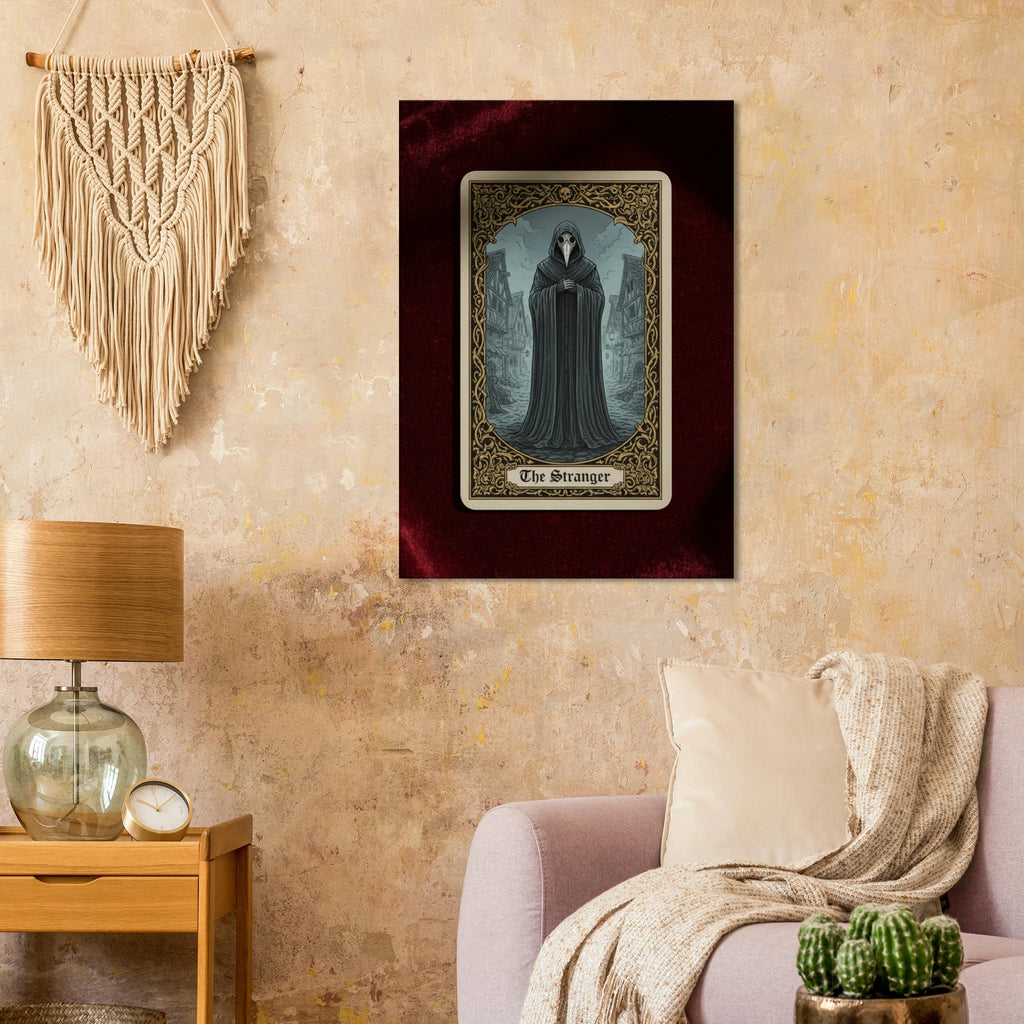Hung near a beige crochet hanging Tarot The Stranger esoteric canvas art, hooded figure in a misty forest at night, 350 gsm museum-quality matte canvas print.