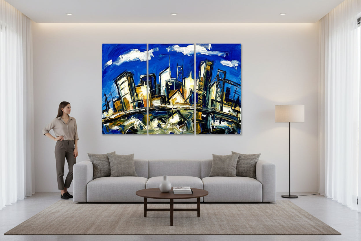 Triptych painting of a cityscape with a blue sky and abstract elements.