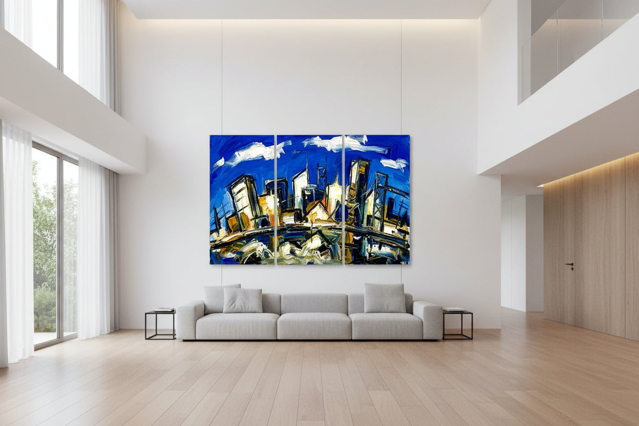 Triptych painting of a cityscape with a blue sky and abstract elements.