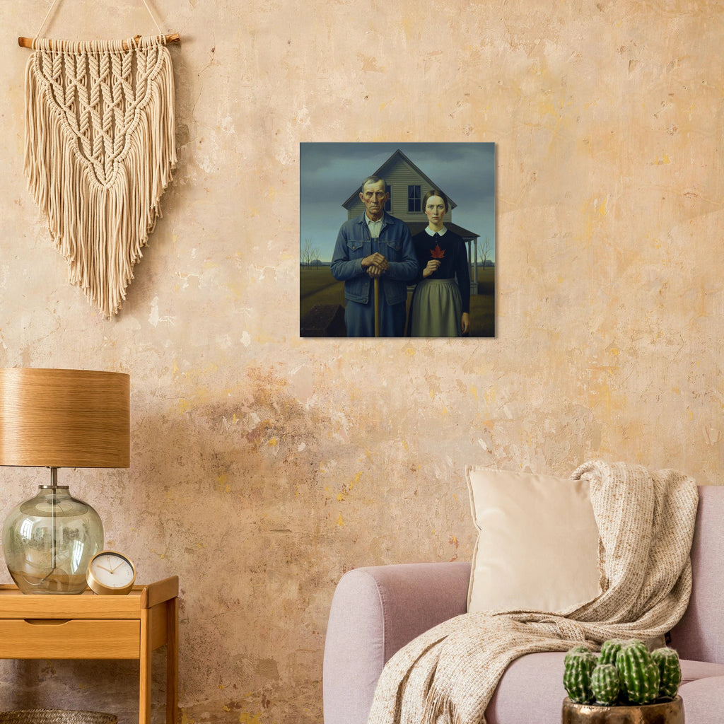 Canadian Gothic American Realism style canvas art, stoic portrait with earthy tones, 350 gsm museum-quality matte canvas print. Hung in a living room with white beige walls.