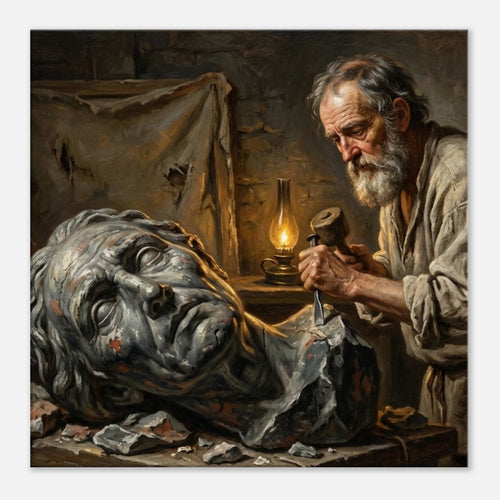 Restored classic portrait style canvas art, master artist in a Renaissance studio with chiaroscuro lighting, 350 gsm archival matte canvas.