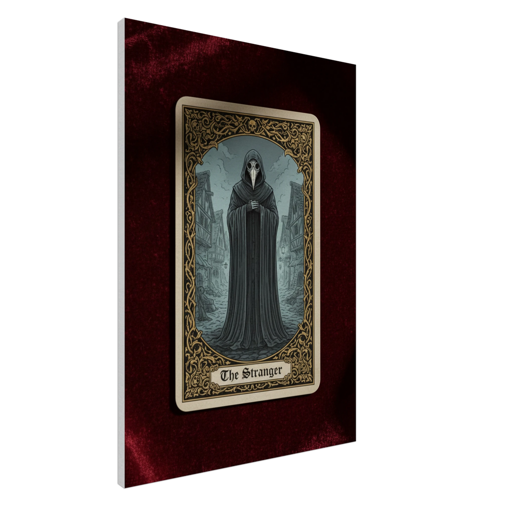 Tarot The Stranger esoteric canvas art, hooded figure in a misty forest at night, 350 gsm museum-quality matte canvas print.
