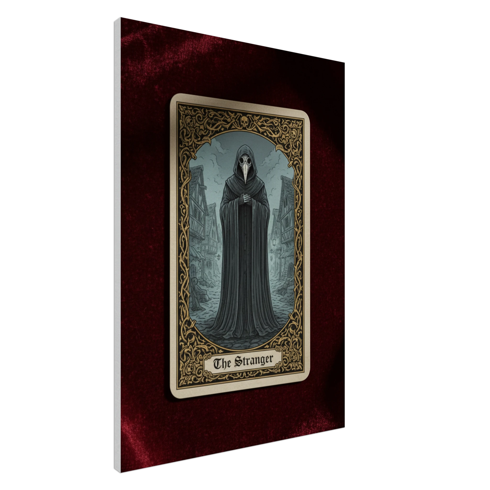 Tarot The Stranger esoteric canvas art, hooded figure in a misty forest at night, 350 gsm museum-quality matte canvas print.