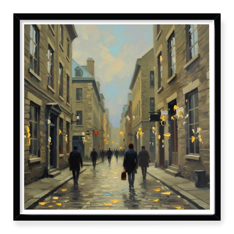Old Montreal framed art print, impressionist historic street scene with grey architectural tones, 310 gsm matte art paper in a black box frame.