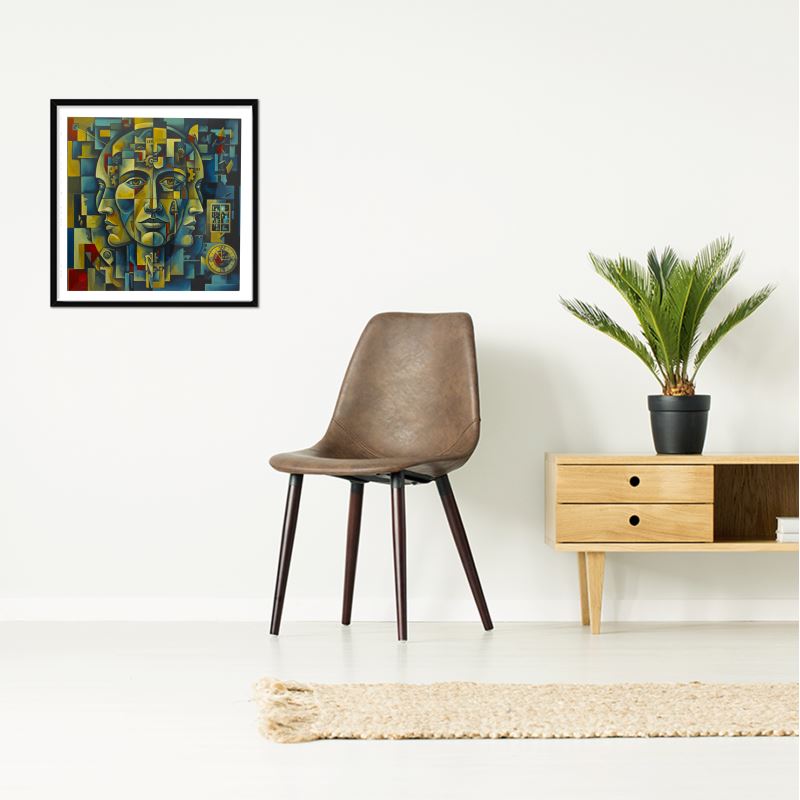 Time framed art print, Cubist geometric abstract study with vibrant interconnected shapes, 310 gsm matte art paper in a black box frame. Hung on a wall near a brown chair and a table.