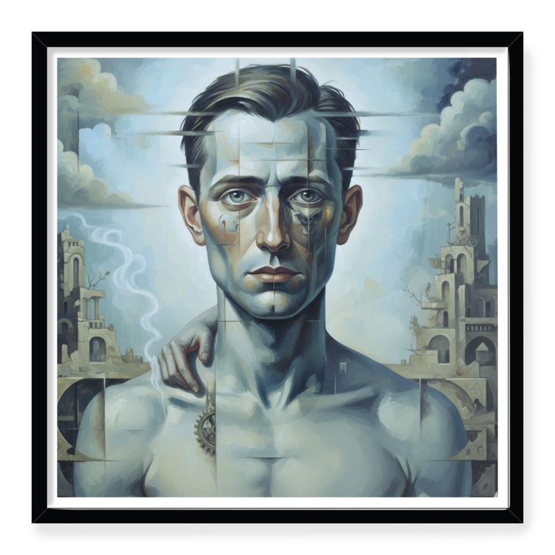 The Fractured Man surrealist framed art print, AI-curated portrait with Dali-inspired melting effects and mechanical cogs, 310 gsm matte art paper