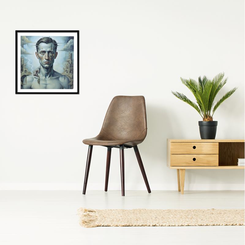The Fractured Man surrealist framed art print, AI-curated portrait with Dali-inspired melting effects and mechanical cogs, 310gsm giclée art paper. on a wall near a brown chair and a small tabe.