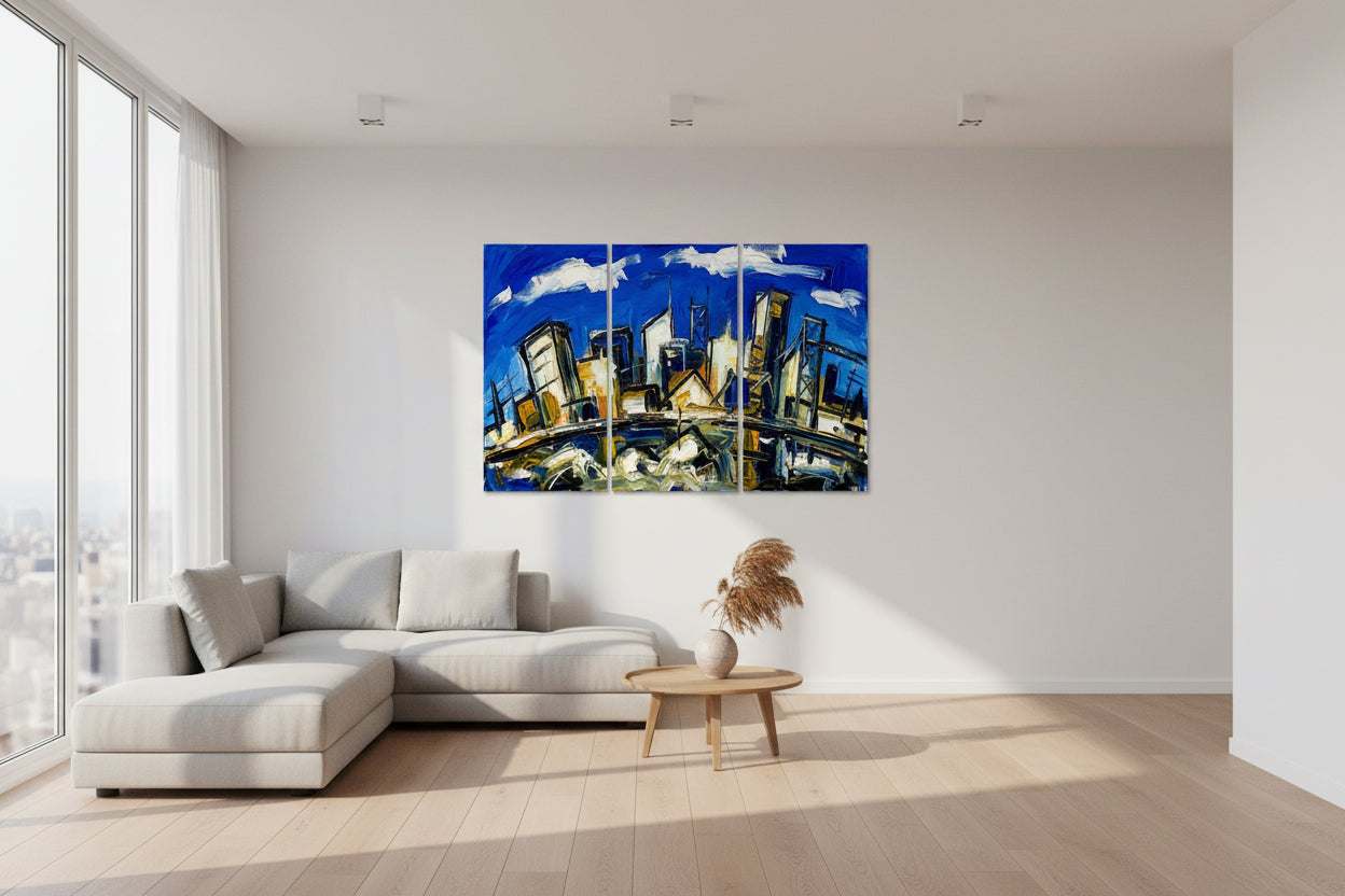 Triptych painting of a cityscape with a blue sky and abstract elements. Hand-stretched three-panel canvas triptych showing the mirrored-wrap edge and deep indigo pigment density.
