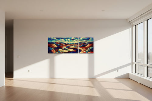 Triptych abstract painting with vibrant colors on a white background. Hand-stretched three-panel canvas triptych showing the mirrored-wrap edge and deep indigo pigment density.