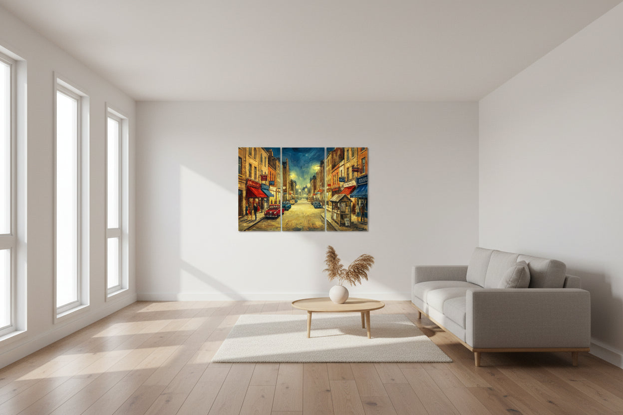 Triptych painting of a city street scene with vintage cars and pedestrians. Hand-stretched three-panel canvas triptych showing the mirrored-wrap edge and deep indigo pigment density.