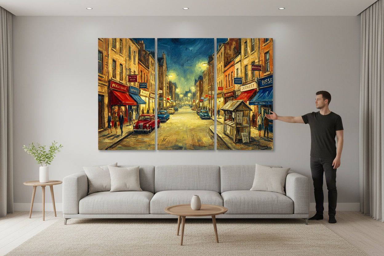 Triptych painting of a city street scene with vintage cars and pedestrians.