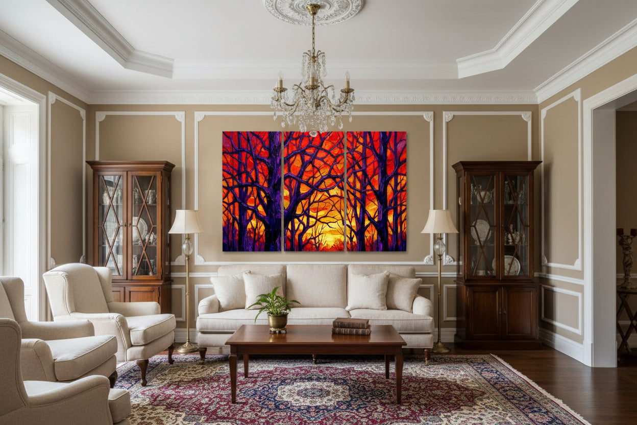 A high-resolution triptych canvas print titled 'Autumn Falls' showing a stylized impressionist forest with dark purple silhouettes against a glowing orange and red sunset sky, gallery-wrapped on wooden frames.