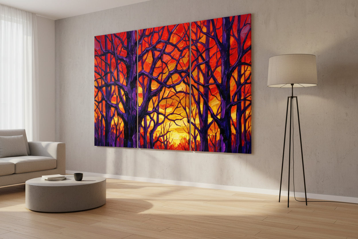 A high-resolution triptych canvas print titled 'Autumn Falls' showing a stylized impressionist forest with dark purple silhouettes against a glowing orange and red sunset sky, gallery-wrapped on wooden frames.