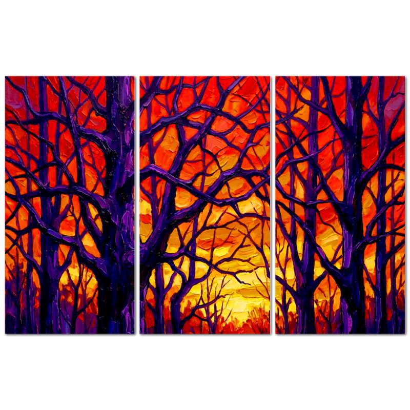A high-resolution triptych canvas print titled 'Autumn Falls' showing a stylized impressionist forest with dark purple silhouettes against a glowing orange and red sunset sky, gallery-wrapped on wooden frames.