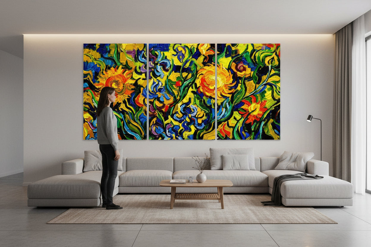 Triptych painting of colorful floral and sun designs on a white background