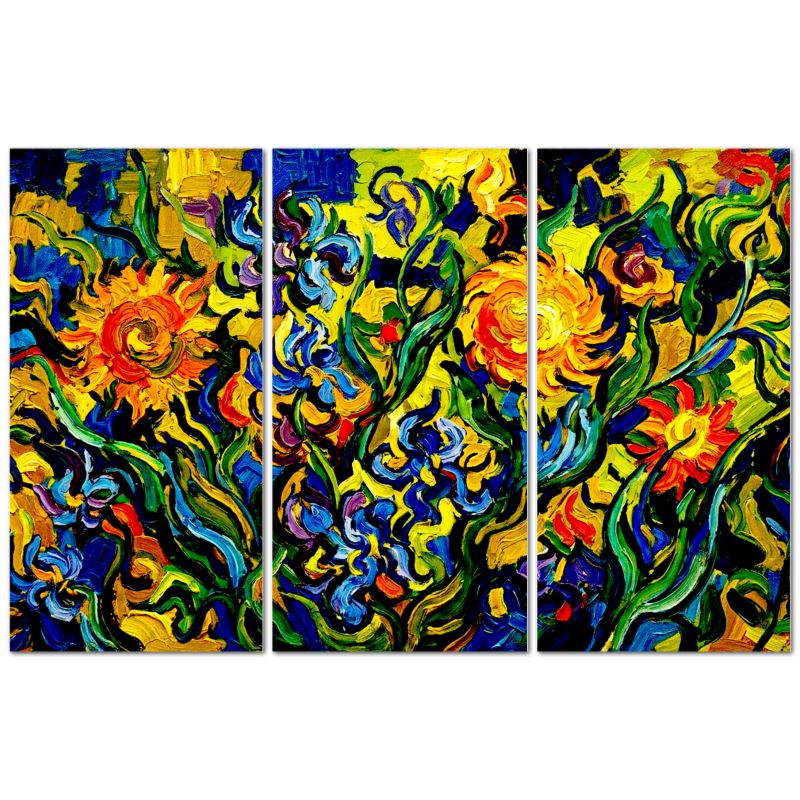 Triptych painting of colorful floral and sun designs on a white background