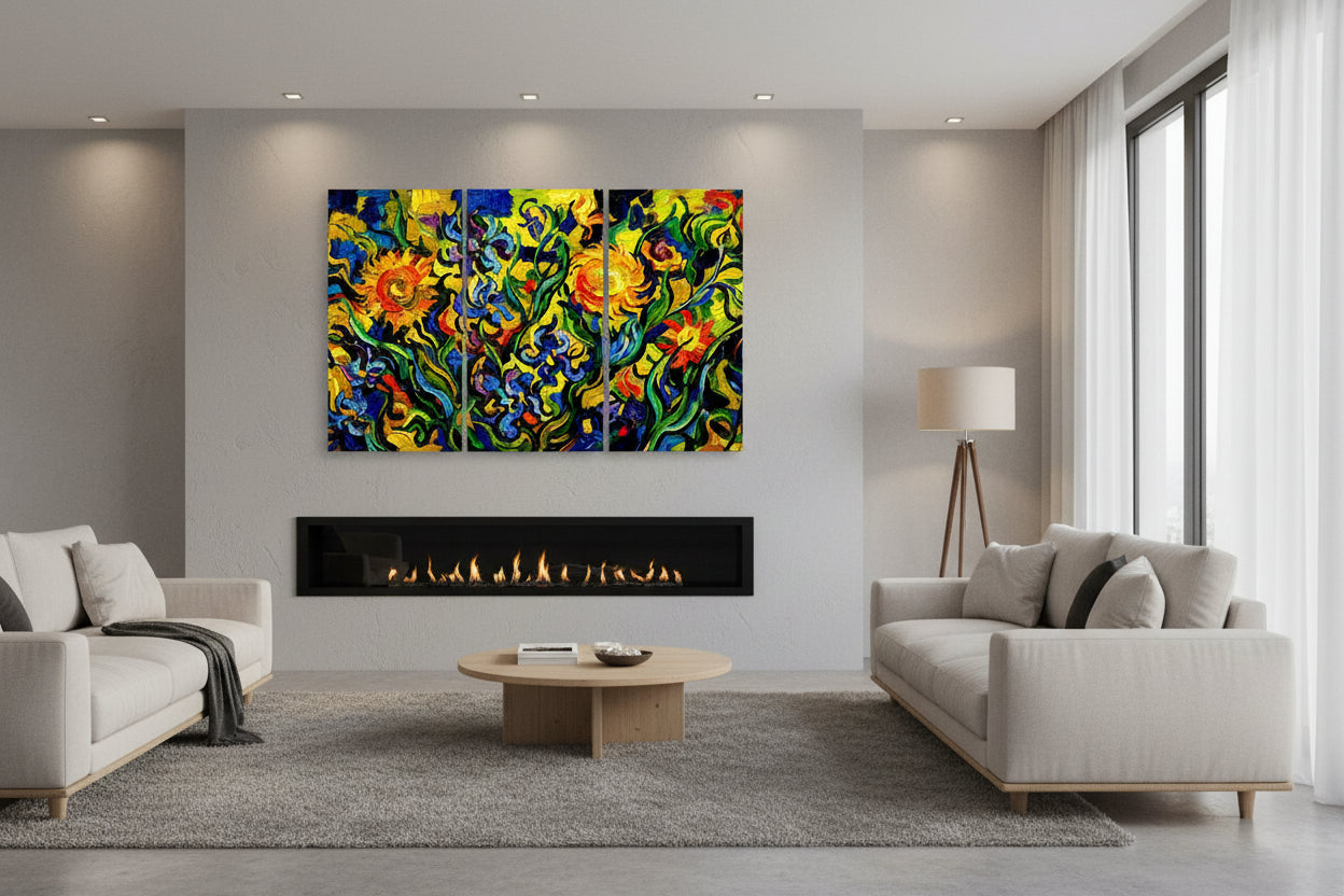 Triptych painting of colorful floral and sun designs on a white background