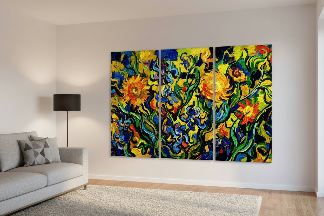 Triptych painting of colorful floral and sun designs on a white background