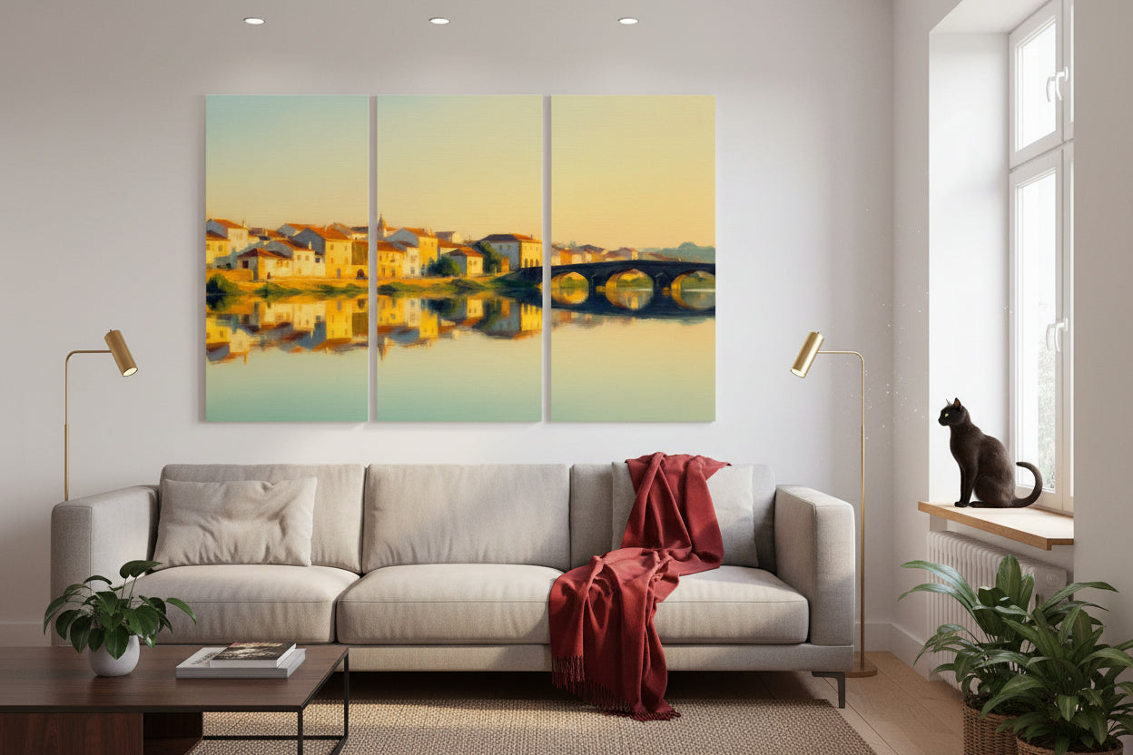 Three-panel canvas print of a sunset over a Portuguese town bridge and buildings reflected in water and a roman style bridge crossing the still of the river in an impressionist style.