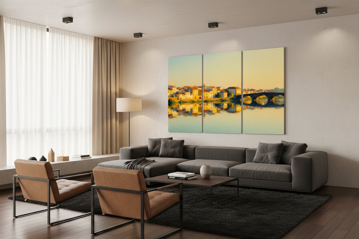 Three-panel canvas print of a sunset over a Portuguese town bridge and buildings reflected in water and a roman style bridge crossing the still of the river in an impressionist style.
