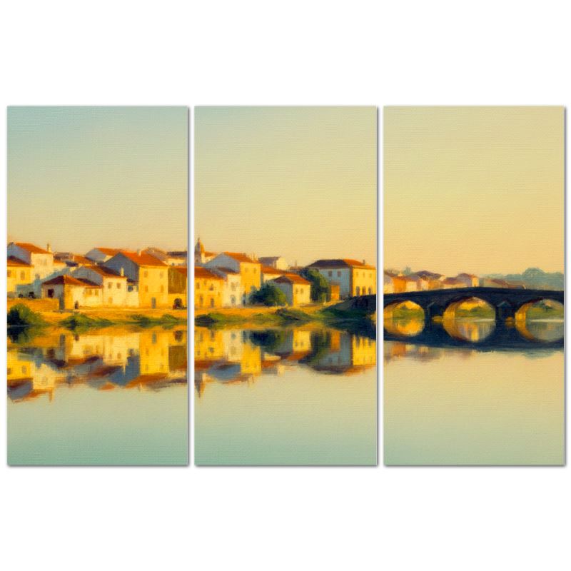 Three-panel canvas print of a sunset over a Portuguese town bridge and buildings reflected in water and a roman style bridge crossing the still of the river in an impressionist style.