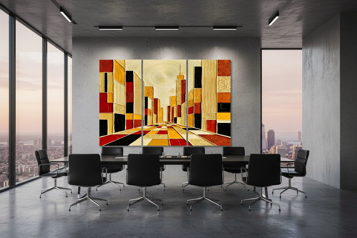 Abstract cityscape artwork divided into three panels with geometric patterns against a large grey will with a skyline in the background.