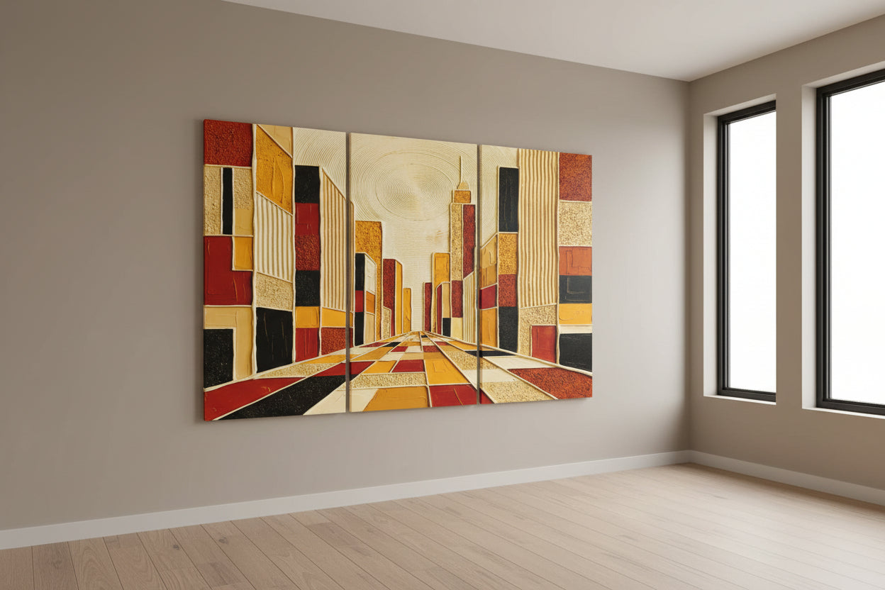 Abstract cityscape artwork divided into three panels with geometric patterns hung on a neutral colored wall near a diffuse window