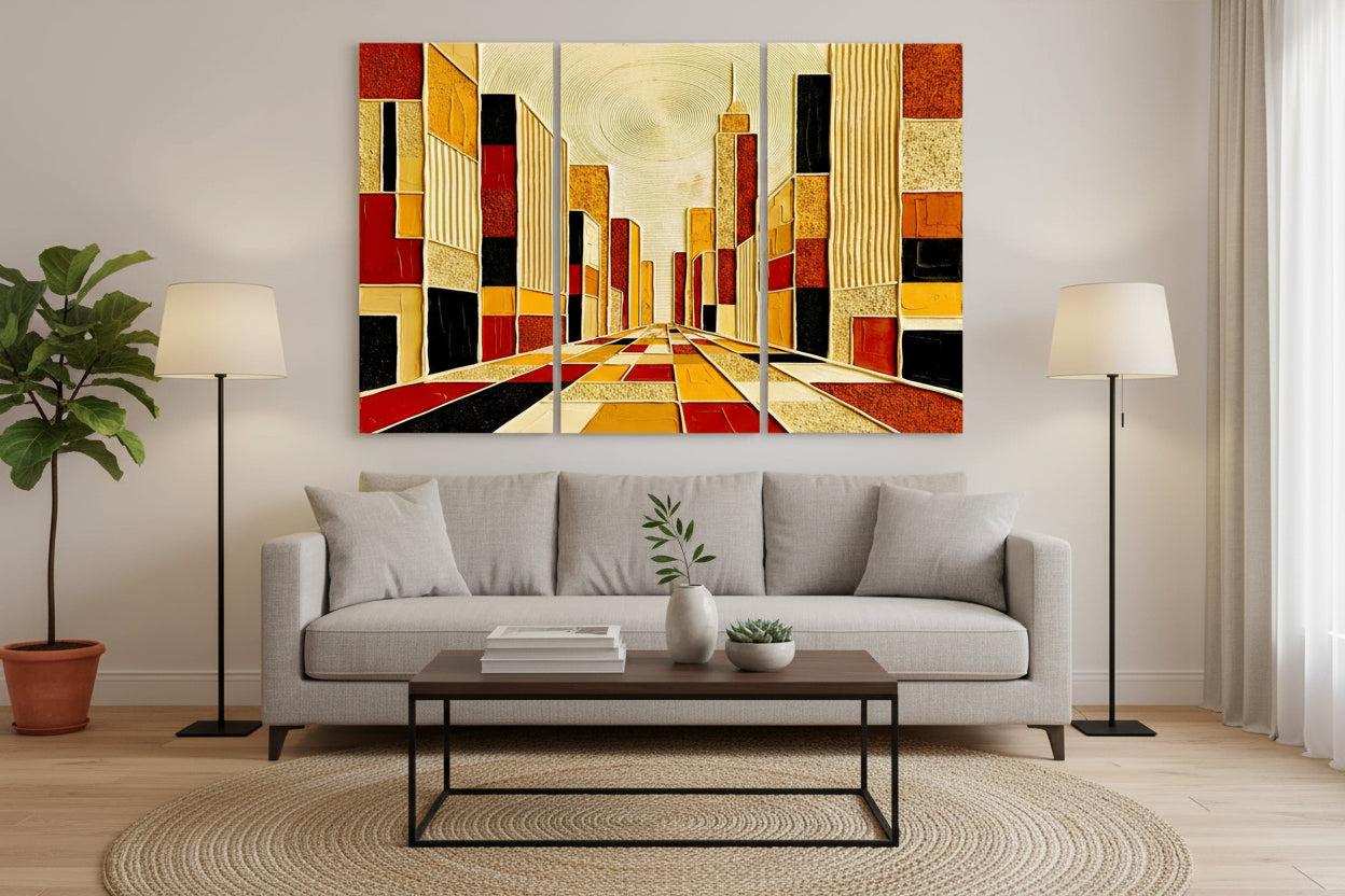 Abstract cityscape artwork divided into three panels with geometric patterns hung over a gray couch flanked by 2 standing lamps.