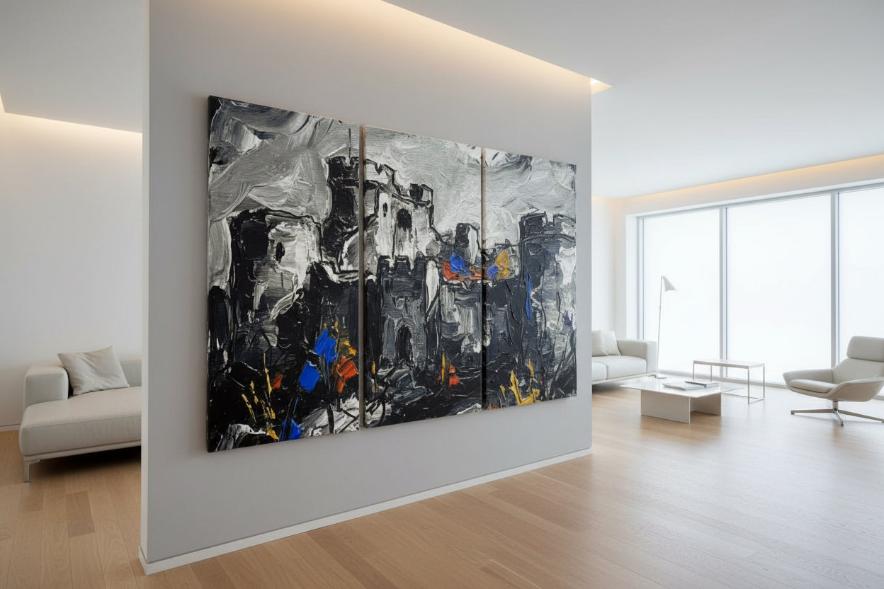 A Large Acrylic style Triptych of a Castle adorns an support wall in a large room.