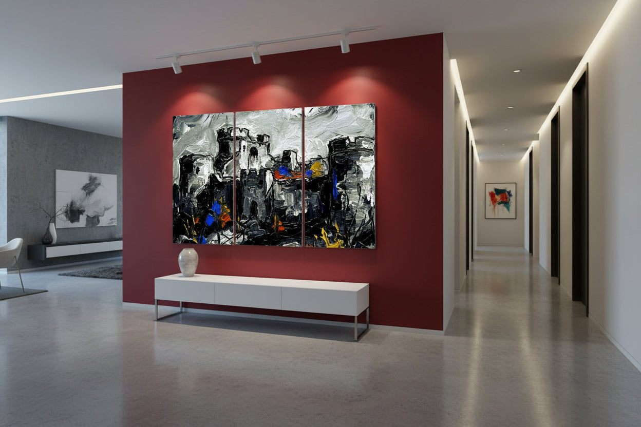 A Large Acrylic style Triptych of a Castle adorns an support wall in a large room.