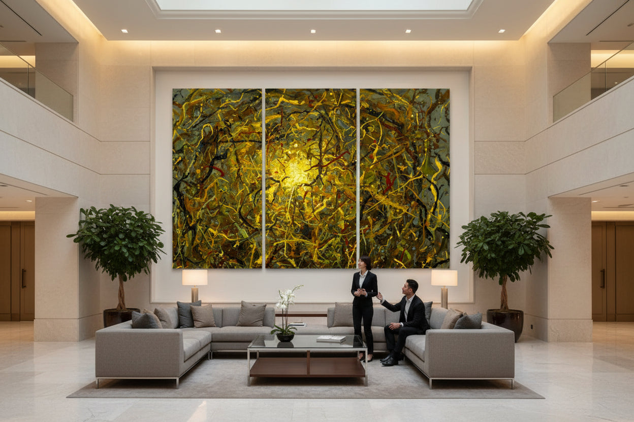 An oversized Triptych abstract jackson pollock style adorns a large wall in a lobby behind a waiting area.