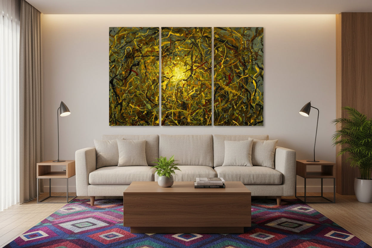 An oversized Triptych abstract jackson pollock style adorns a large wall in a living room above a sofa and a colorful rug.