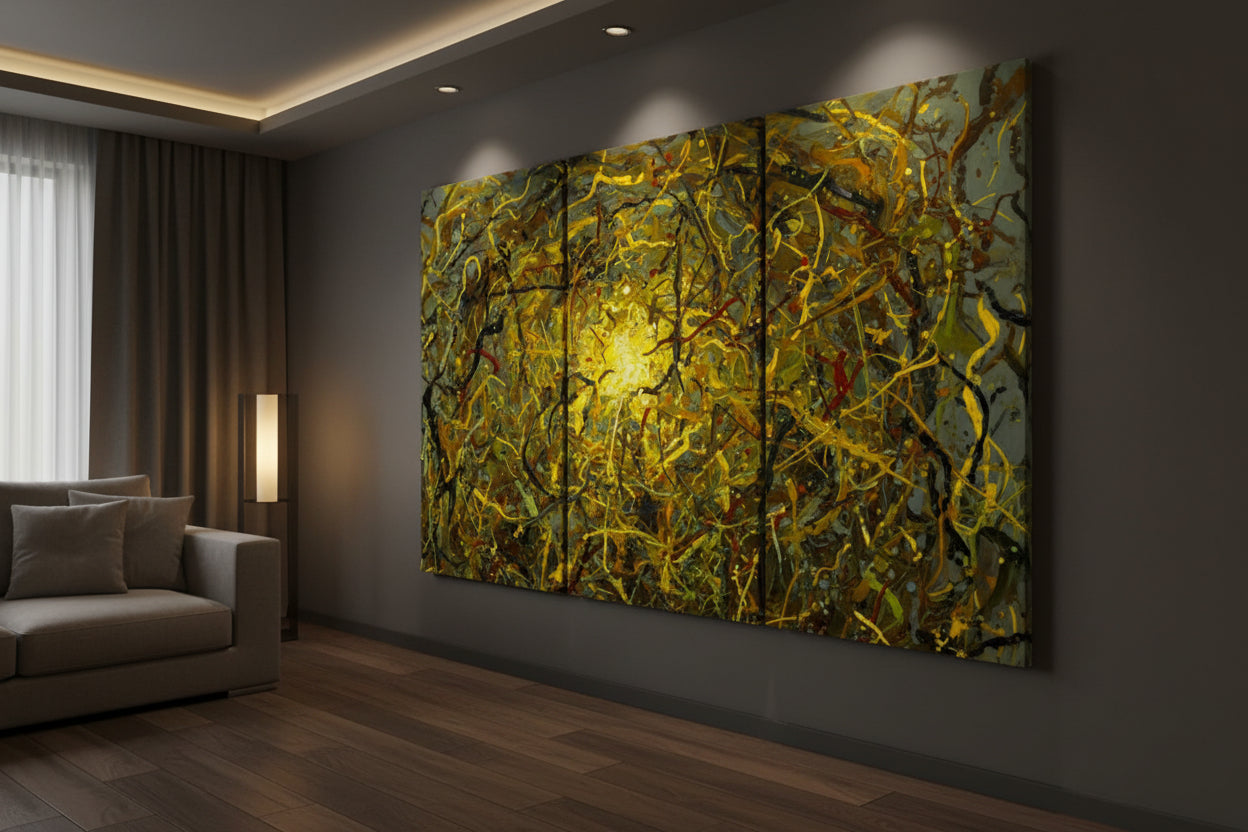 An oversized Triptych abstract jackson pollock style adorns a large dark gray wall as a centerpiece to the room.