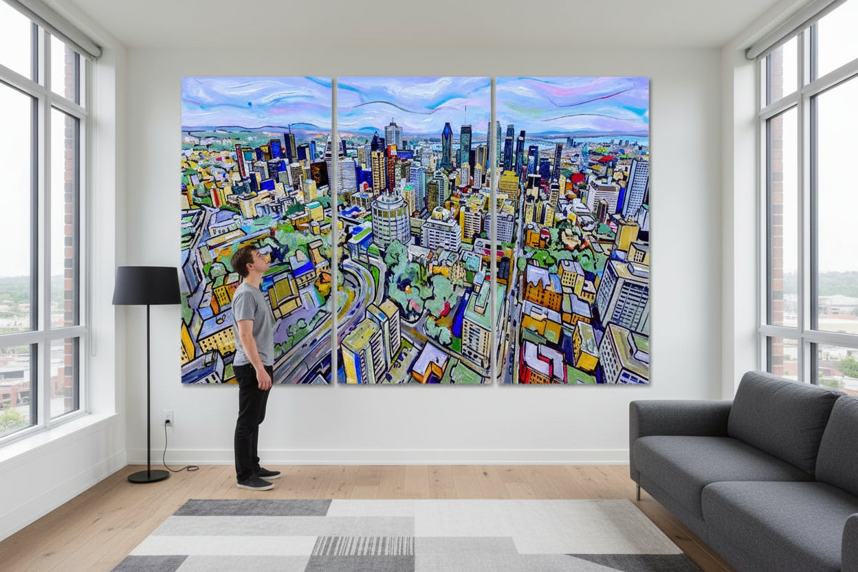 An abstract Triptych of the Montreal Cityscape in a light room with the owner.