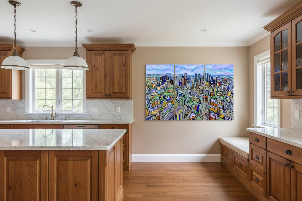 Abstract Triptych with blues and yellows hung in a classic style kitchen setting