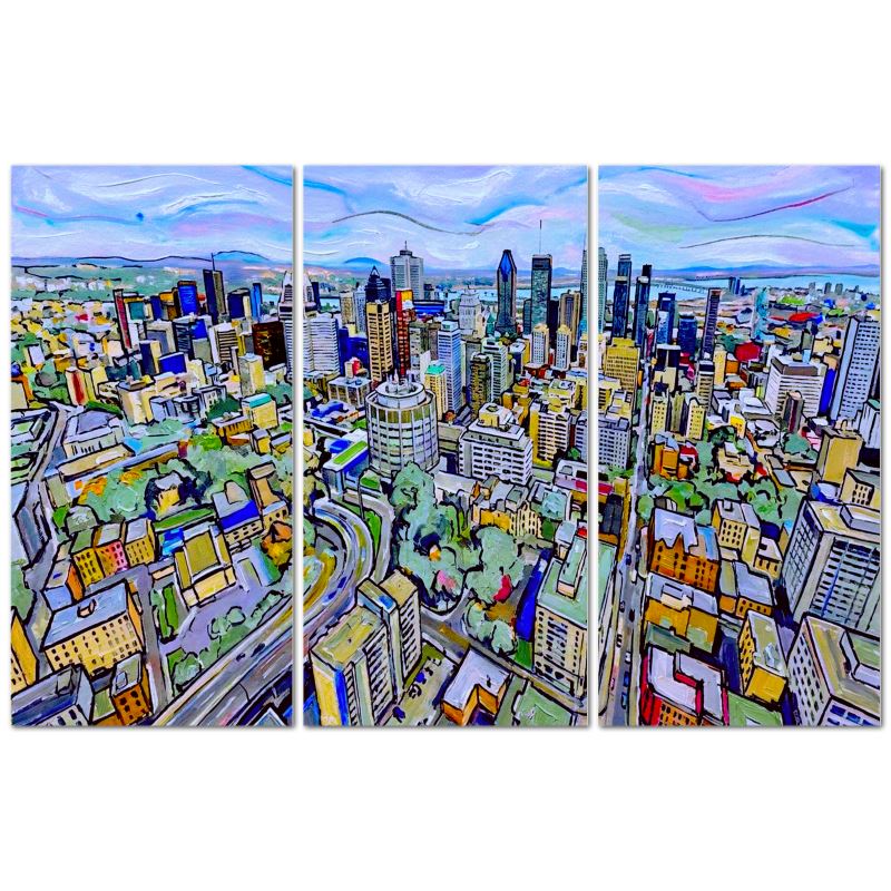 Triptych painting of a Montreal with colorful buildings and green spaces.