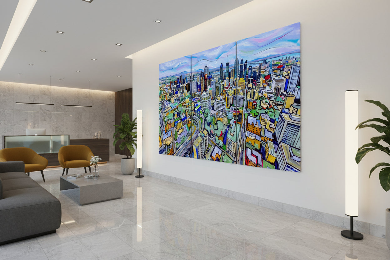 A triptych abstract of Montreal skyline hung in a modern lobby.