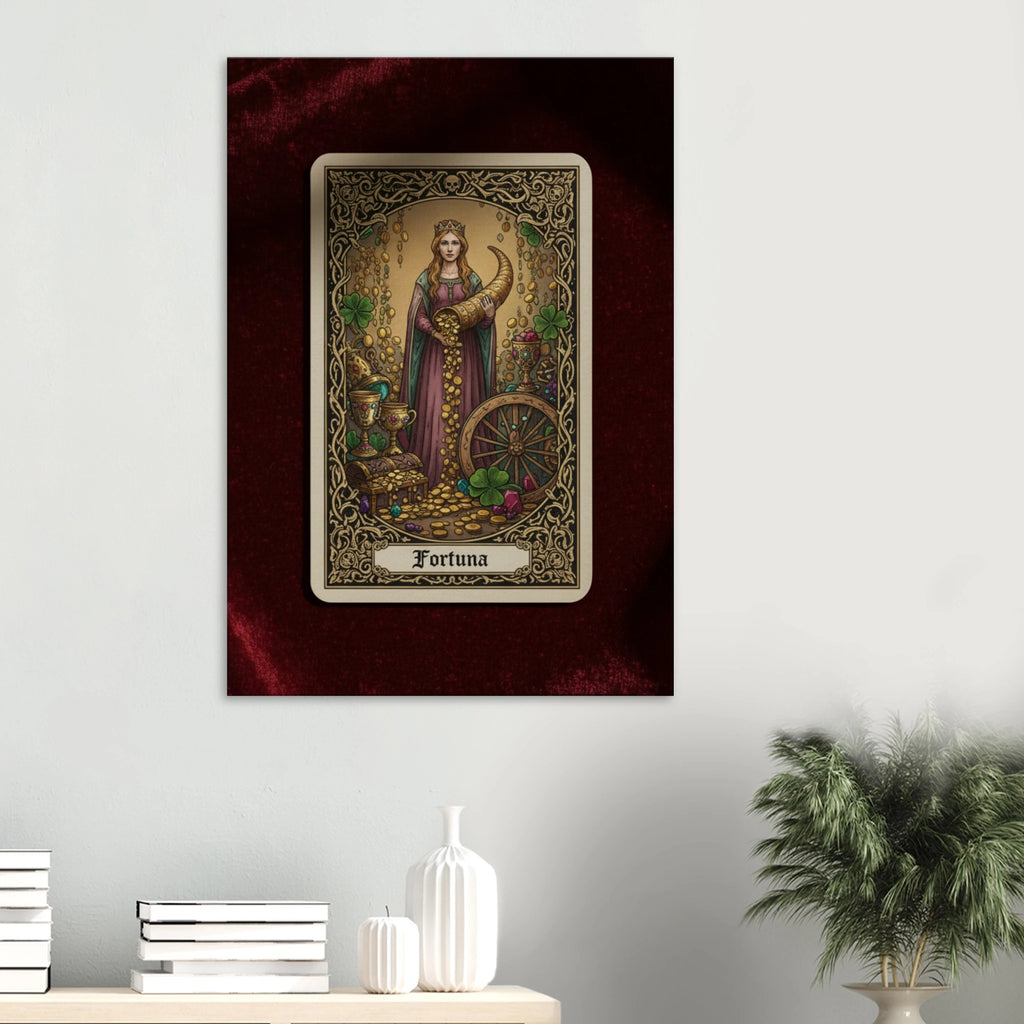 Hung over a white table Tarot Fortuna esoteric canvas art, Wheel of Fortune inspired illustration with rich red and gold tones, 350 gsm museum-quality matte canvas.