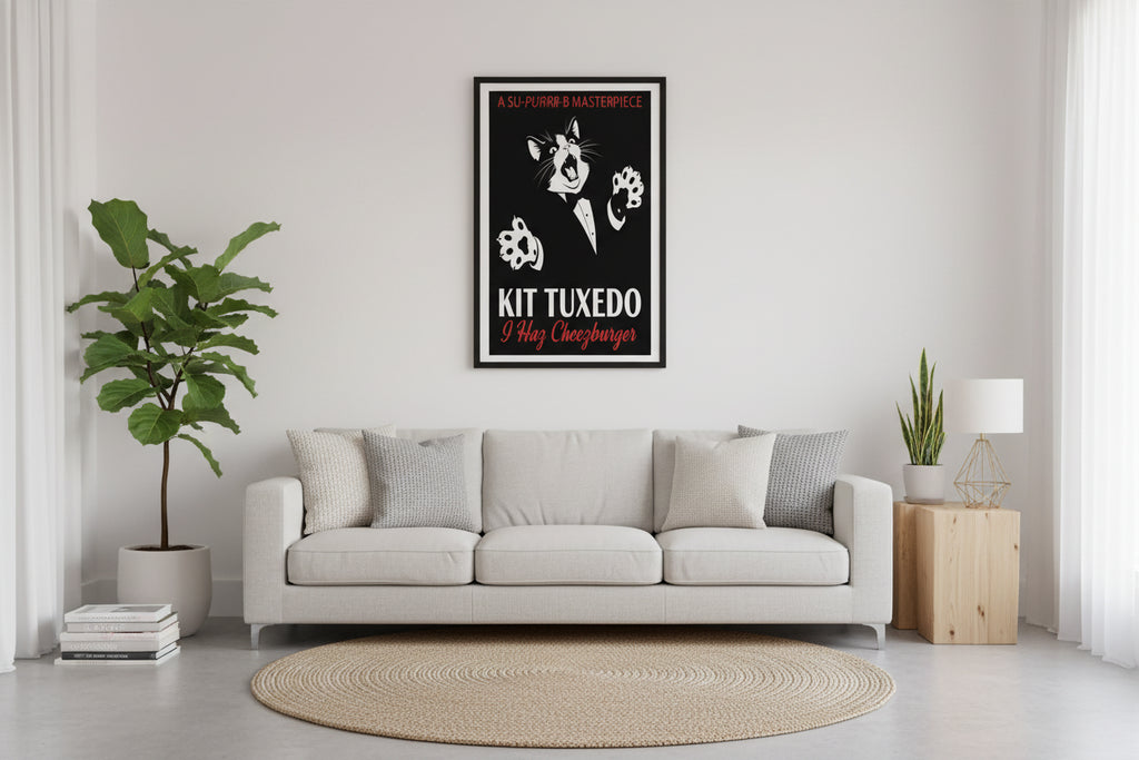 Kit Tuxedo stars in "I haz cheezburger" cat meme movie poster hung in a modern living room.