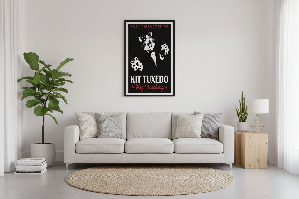 Kit Tuxedo stars in "I haz cheezburger" cat meme movie poster hung in a modern living room.