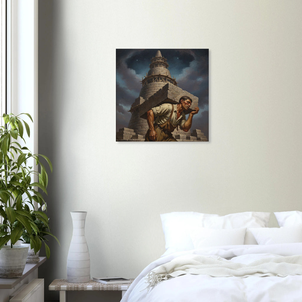 The Tower American Realism style canvas art, stark industrial tower against a cloudy sky, 350 gsm museum-quality matte canvas print. Hung over a bed with white linnen.