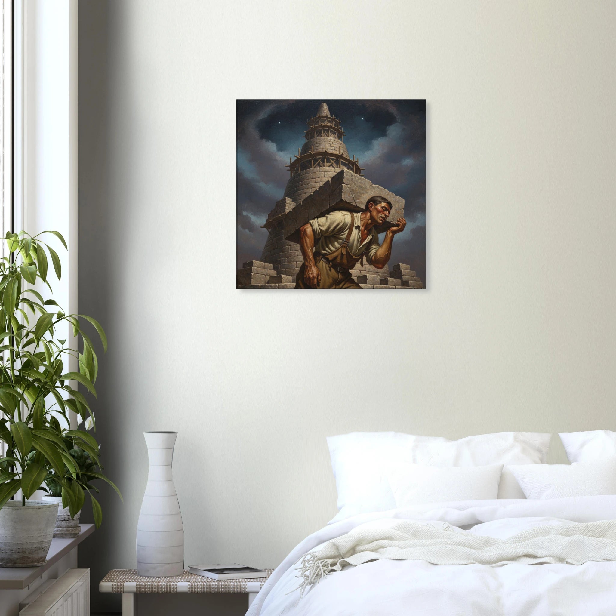 The Tower American Realism style canvas art, stark industrial tower against a cloudy sky, 350 gsm museum-quality matte canvas print. Hung over a bed with white linnen.